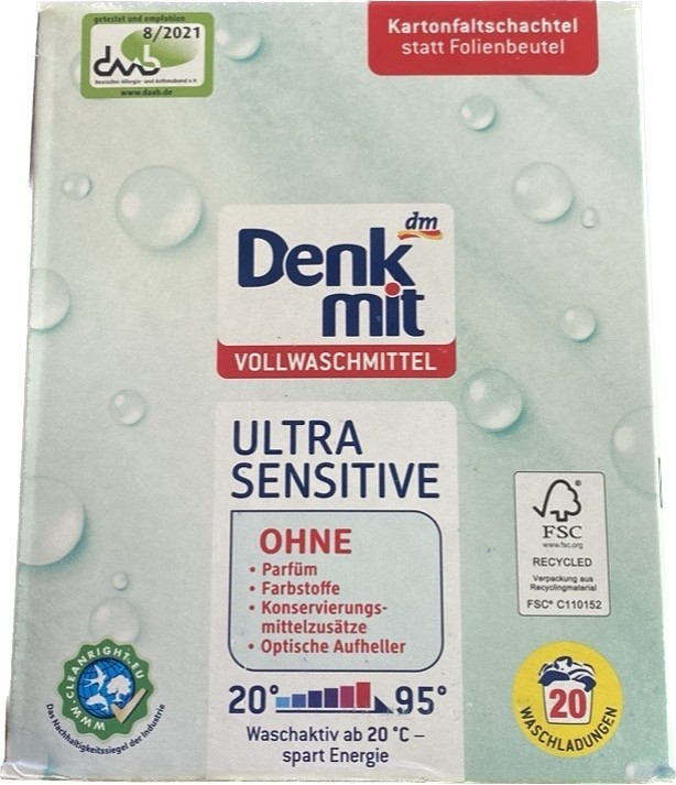 Безфосфатний гіпоалергенний порошок для прання дитячої білизни DenkMit Ultra Sensitive 20 прань