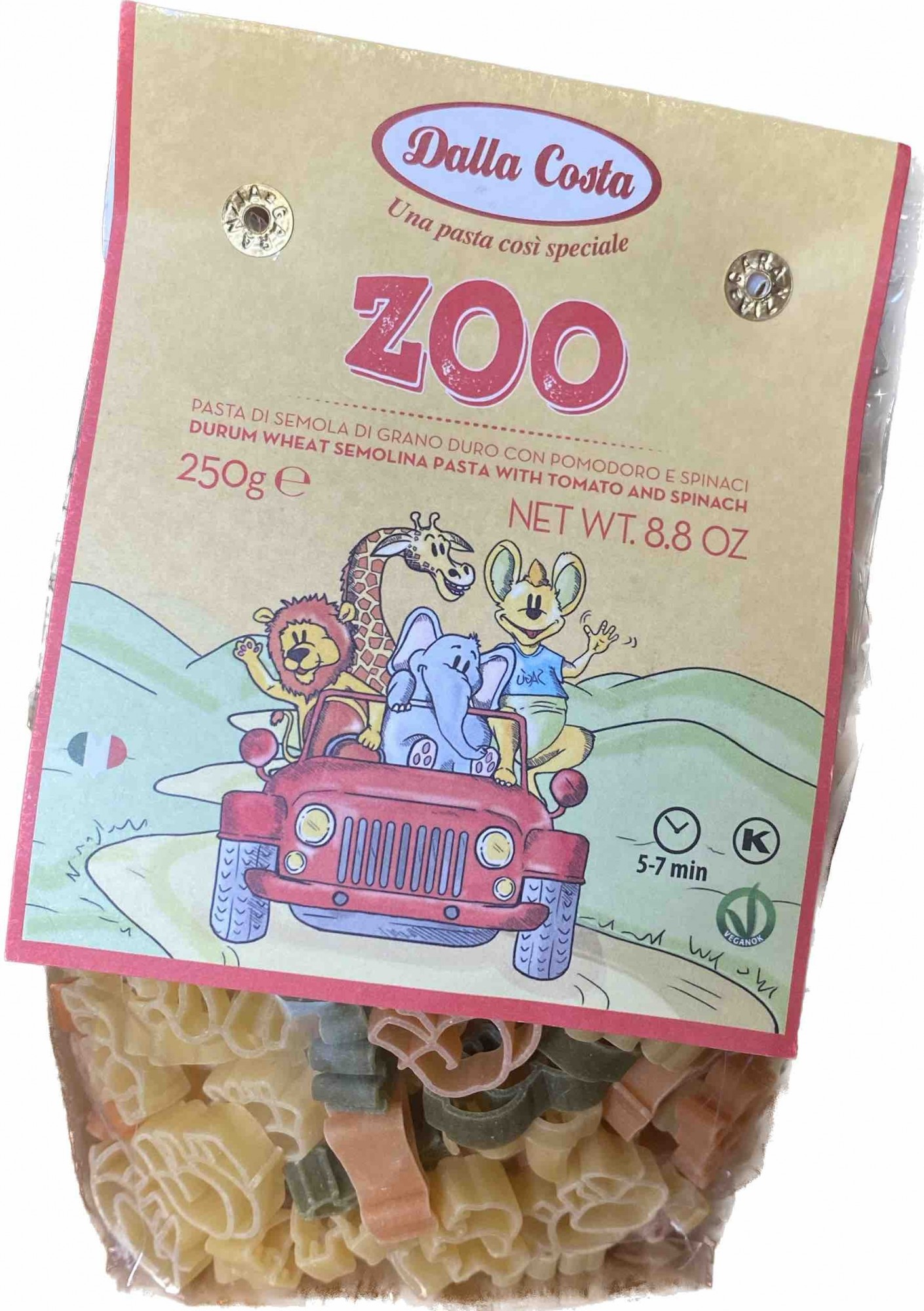 Макароны DALLA COSTA Zoo Pasta с томатом и шпинатом 250 г