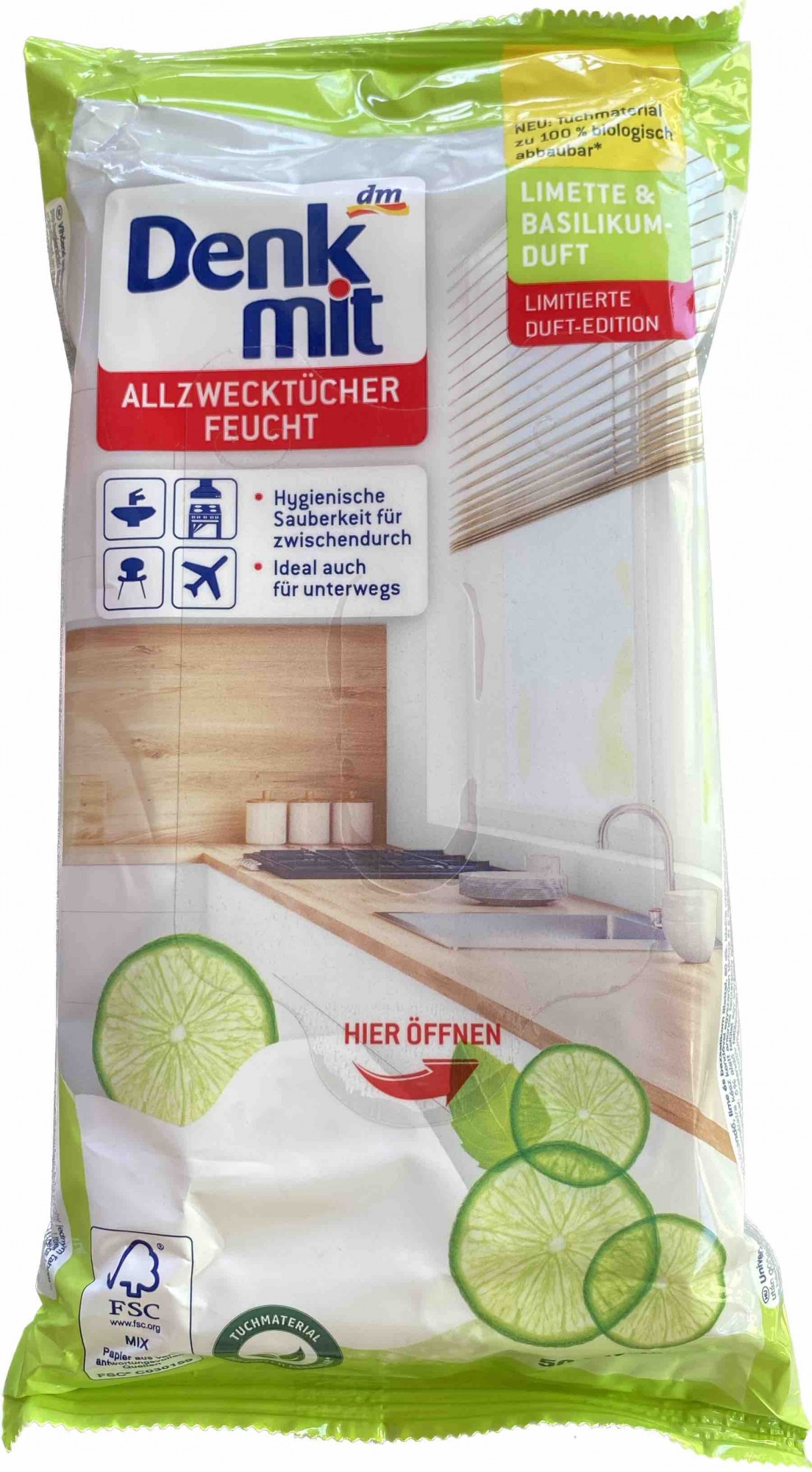 Універсальні вологі салфетки для прибирання Denkmit з ароматом лайму та базиліку 50шт