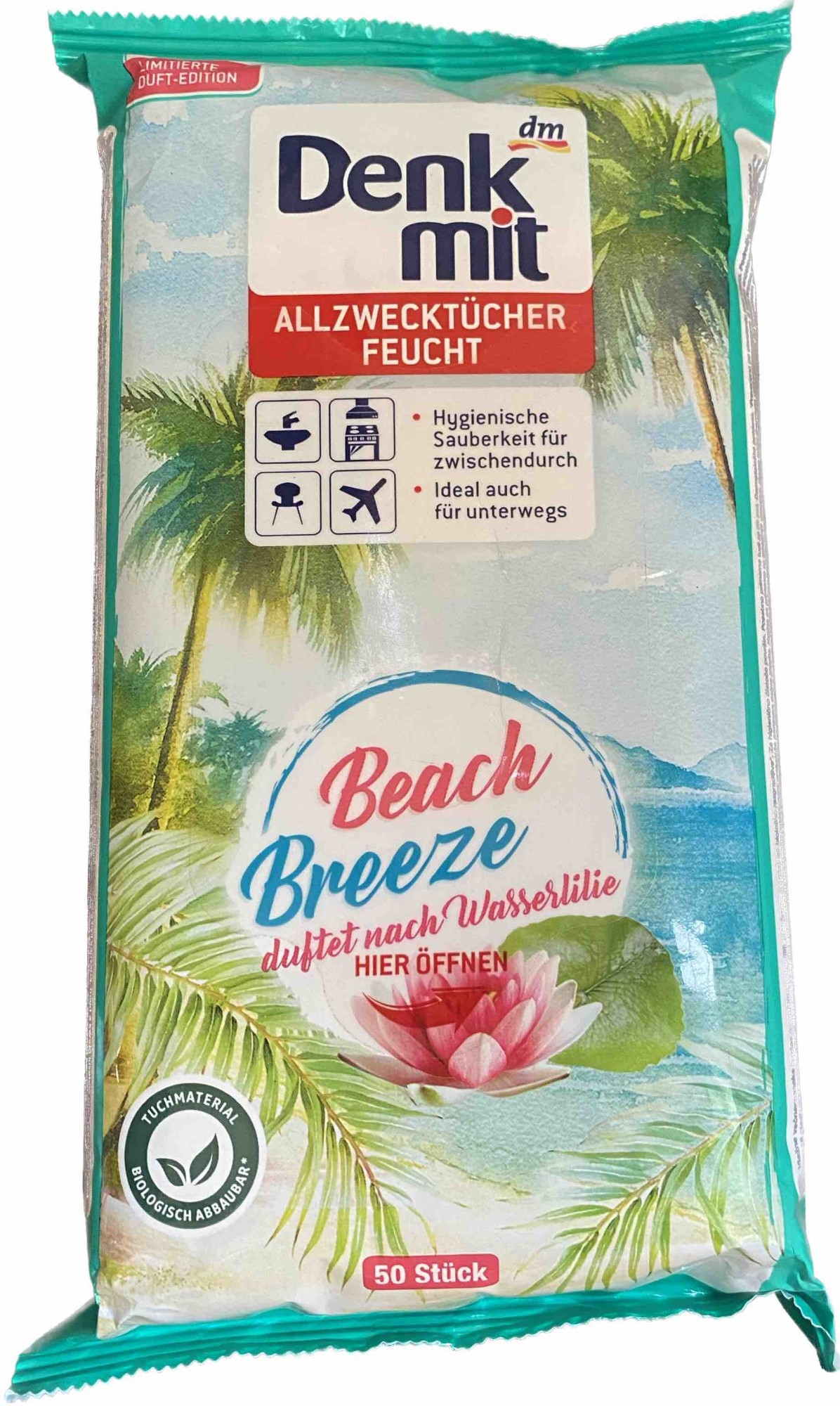 Denkmit Feuchte Allzwecktücher Beach Breeze Вологі серветки для швидкого очищення Ппляжний бриз 50 шт.